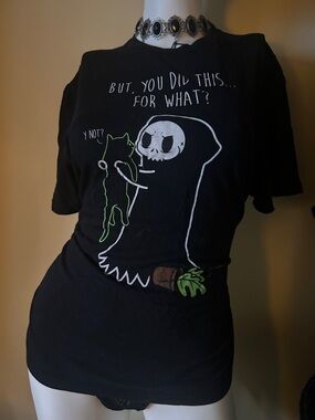 Hot Topic Black Graphic Tee with Grim Reaper and Green Cat